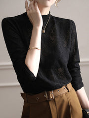Hollow Jacquard Solid Color Long Sleeves T-Shirts Tops Knitwear