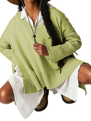 Solid Color Split-Joint Split-Side Long Sleeves Loose V-Neck Sweater Tops Pullovers