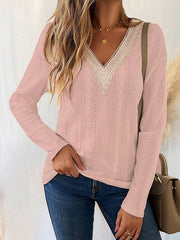 Hollow Jacquard Split-Joint Long Sleeves Loose V-Neck T-Shirts Tops