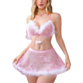 Backless Sling See Through Lace Pink Underwear Cross Strap Hollow Out Bowknot Mesh Christmas Uniform Lingerie Sets