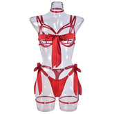 Bondage Lingerie Set Cupless Bra 4-Piece Sheer Mesh BDSM Outfit with Lace-Up Design