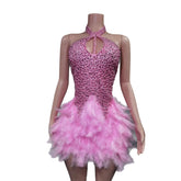 Christmas White Feather Diamond Dress Off Shoulder Bustier Gown