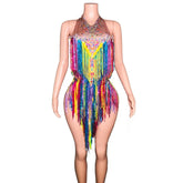 Colorful Full Rhinestone Tassel Floral Jumpsuit Shiny Stage
