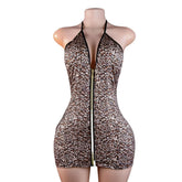 Deep V Zipper Flirting Skinny Underwear Teddy Halter Backless Cross Strap Hollow Out Mesh Leopard Lingerie Sets