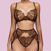 Elegant Lingeries Exclusive Coffee Bra Belt Thong 3PC with Leg Circles Cute Lace Tempted Tipsy Set