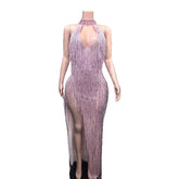 Elegant Shiny Tassel Long Sleeve Performance Dress Night Club Outfit Long Slim Halter Neck Evening Dress