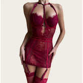 Erotic Halters Ultra Lingerie Sets Seductive Lace Mini Dress Thong Stockings See Through Exotic Sets