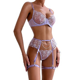 Erotics Western Style 3 Piece Set Floral Embroidery Sensual Chain Mesh Alluring Attractive Breathable Lingerie Set
