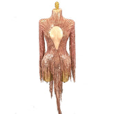 Line Design Rhinestone Tassel Cutout Long Sleeve Gold Latin Dance Dress