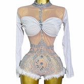 Elastic With Rhinestone And Feather Elegant Stage Performance Wear