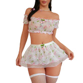 Floral Mesh Bustier Set 4 Pcs Strapless Off Shoulder Thong Underwear Babydoll Cross Strap Hollow Out Lingerie Set