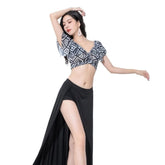 High Quality Belly Dance Training Outfit Lotus Leaf Printed Mesh Double Slit Skirt Soft Lightweight Dance Practice Costume