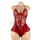 Lace Sheer See Through Sling Underwear Teddy Halter Backless Cross Strap Spaghetti Hollow Out Red Set