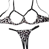 Leopard Print Hollow Outs Webbing Patchwork Three Point Bra Panty