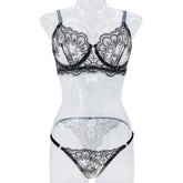 LingerieWestern See Through Mesh Embroidery Bra Pantys Black Floral Flowers Pattern Exquisite Charming Lingerie Set
