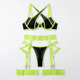 Neon Green Cross Strap Lingerie Set Underwire Bra Belt Thong Legs Erotic 4 Piece Nightwear Intimates