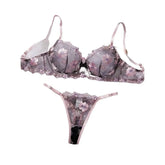 Erotic Western Style Black Pink Embroidery Featuring Sensual Thin Strap Lace Mesh Alluring Attractive Lingerie Bra Set