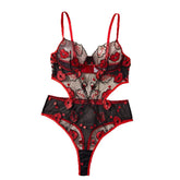 Erotic Western Style Funny Lips Embroidery Featuring Sensual Mesh Hollow Out Slim Fit Alluring Exquisite Erotic