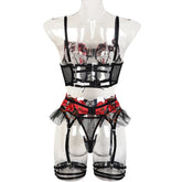 Erotic Western Style Halter Underwired 4 Piece Set Featuring Sensual Large Mesh Patchwork Design Alluring Lingerie Set