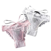 Men French Lace Mesh Bows Back Hollow Out Lace Up Tie Up Low Waist Underpants Briefs Underwear