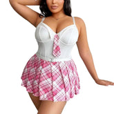 Plus Size Plaid Underwear Uniform Cosplay Role Play Halter Backless Cross Strap Plaid Skirt Lingerie Set