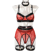 Erotic Western Style Halter Underwired 4 Piece Set Featuring Sensual Large Mesh Patchwork Design Alluring Bra Set