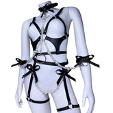Leather Body Harness Sets Pearl Bowknot Hollow Out Binding Belt Erotic Lingerie Fetish Adult Accessories Set