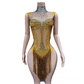 Style Elegant Socialite Rhinestone Tassel Cutout Waist Slim Bodycon Jumpsuit
