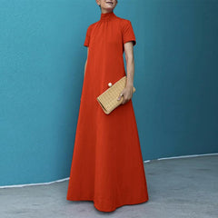Hollow Pleated Solid Color A-line Loose Mock Neck Maxi Dresses