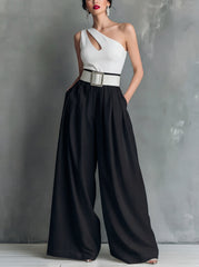 High Waisted Loose Pockets Solid Color Pants Trousers