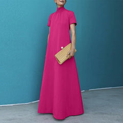 Hollow Pleated Solid Color A-line Loose Mock Neck Maxi Dresses