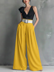 High Waisted Loose Pockets Solid Color Pants Trousers