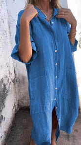 Half Sleeves Loose Buttoned Elasticity Pockets Solid Color Lapel Jumpsuits