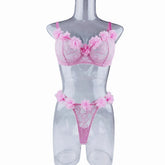 Pure Pink Lace Trim Three Point Bra Thongs Erotic Seductive Underwears Clothing Lingerie Set