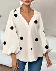 Stylish White Polka-Dot Lapel Long Sleeves Blouse Top