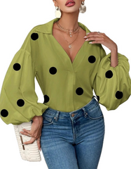 Stylish White Polka-Dot Lapel Long Sleeves Blouse Top
