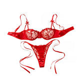 Romantic Heart Embroidery See Through Bowknot Lace Up Mesh Satin Stitching Bras Erotics Seductive Underwear Lingerie Set
