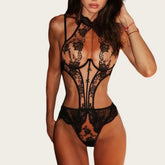 Seductive Exotic Willowy Embroidered Lace Body Thong Onepiece Detachable Strap Honey Halter Hollow Underwear