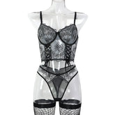 Erotics Western Style 3D Embroidery 3 Piece Set Sensual Criss Cross Alluring Attractive Breathable Lingerie Set