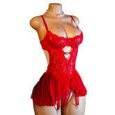 Lace Mesh Hem Heart Rhinestone Lingerie Dress