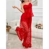 Pajama Set 2-piece Lace Heart Transparent Strappy Bra and Long Pants Petal Lace Lingerie Sets Sleepwear