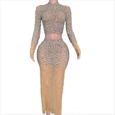 Two Piece Long Sleeve Rhinestone Dress Elegant Evening Gown