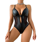 Womens Erotic PU Leather Lingerie One Piece PU Leather Jumpsuit Sleeveless Backless PU Leather