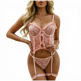 Sheer Pink Lingerie Set Frilled Lace Bralette Transparent High Waist Panty Belt Bridal Romantic Seductive Underwear