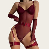 Tight Fitting Lace See Through Erotic Lingerie with Gloves Night Club Outfit Sissy Mesh Underwear