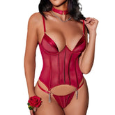 Ultra Thin Mesh Breathable Underwear Boned Bustier Halter Backless Cross Strap Hollow Out Thong Corset Lingerie Set
