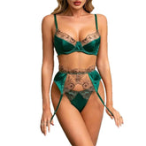 Western Green Embroidery Flower Mesh Splicing Belt Bra