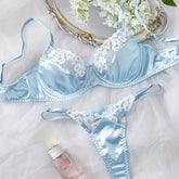 Western Japanese Style Blue Embroidery Lace Bra