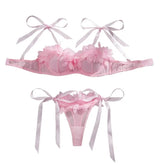 Western Mesh See Through Bowknot Lace Up Bras Pure Erotic Seductive Underwear Clothing Lingerie Set