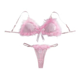 Western Pink Furry Sweet Pure See Through Bra Pantyss Plush Soft Gorgeous Charming Stunning Attractive Lingerie Set